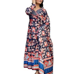 GRECIILOOKS Women's Jaipuri Printed Anarkali Kurta Set with Dupatta | Cotton Blend Long Flared Ethnic Dress for Festive