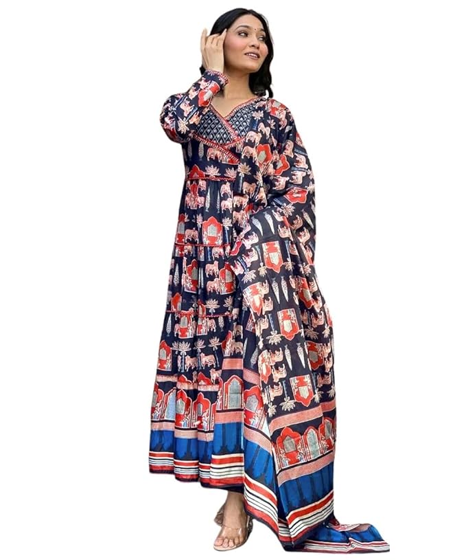GRECIILOOKS Women's Jaipuri Printed Anarkali Kurta Set with Dupatta | Cotton Blend Long Flared Ethnic Dress for Festive