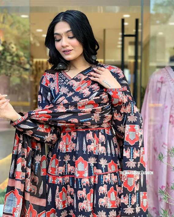 GRECIILOOKS Women's Jaipuri Printed Anarkali Kurta Set with Dupatta | Cotton Blend Long Flared Ethnic Dress for Festive - Image 4