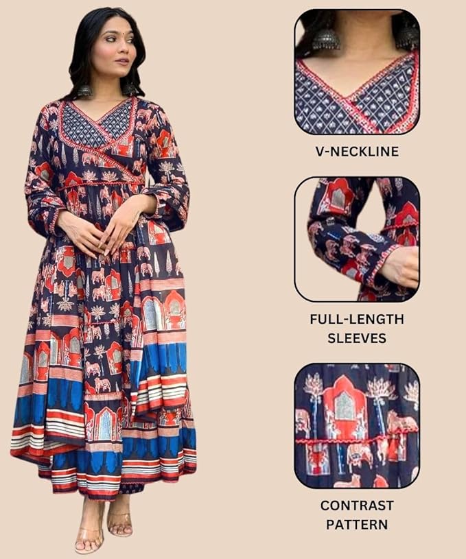 GRECIILOOKS Women's Jaipuri Printed Anarkali Kurta Set with Dupatta | Cotton Blend Long Flared Ethnic Dress for Festive - Image 3
