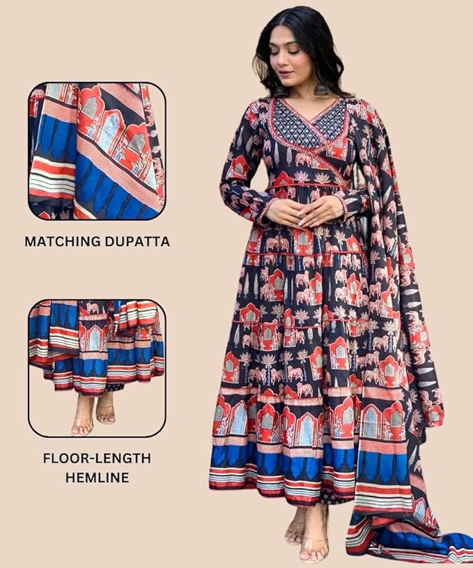 GRECIILOOKS Women's Jaipuri Printed Anarkali Kurta Set with Dupatta | Cotton Blend Long Flared Ethnic Dress for Festive - Image 2